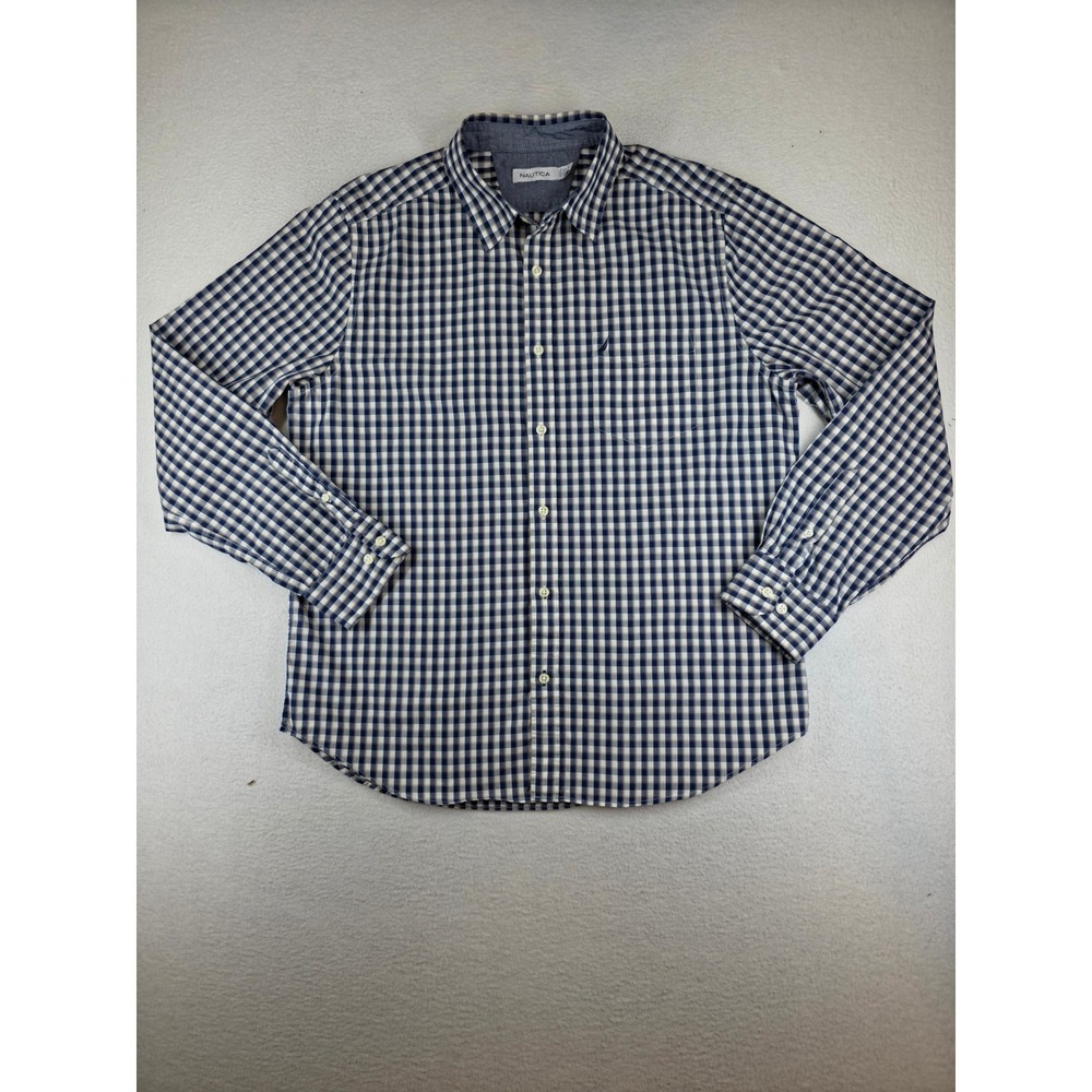 Nautica Mens Large Gingham Plaid Button Down Shirt Navy Blue Yellow Cotton LS